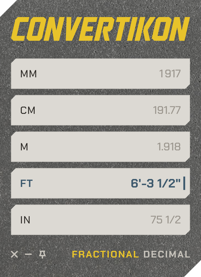 The CONVERTIKON panel: 6'-3 1/2" typed in FT, the other fields already converted